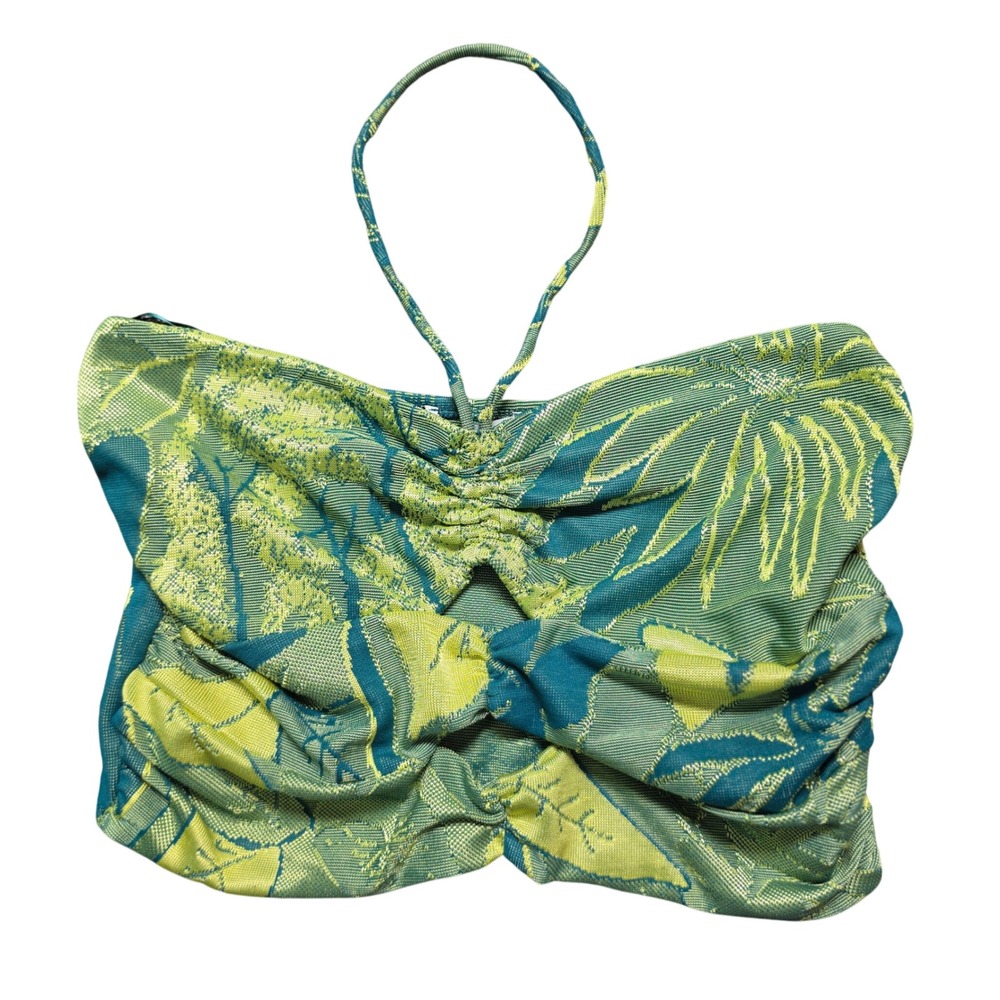 Zara Womens Green Tropical Floral Jacquard Knit Halter Crop Top Ruched Front M